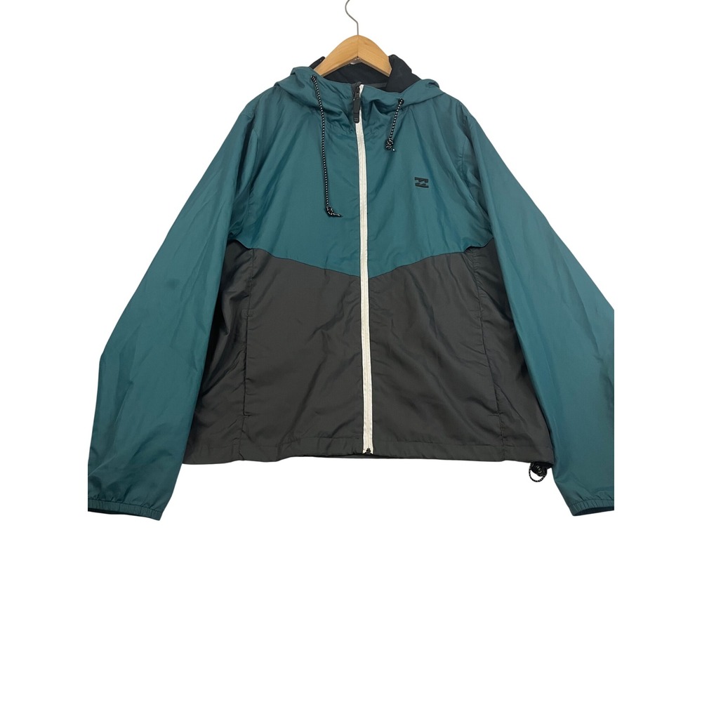 Billabong Mens Teal Grey Colorblock Hooded Windbreaker Jacket Mesh Lined Large